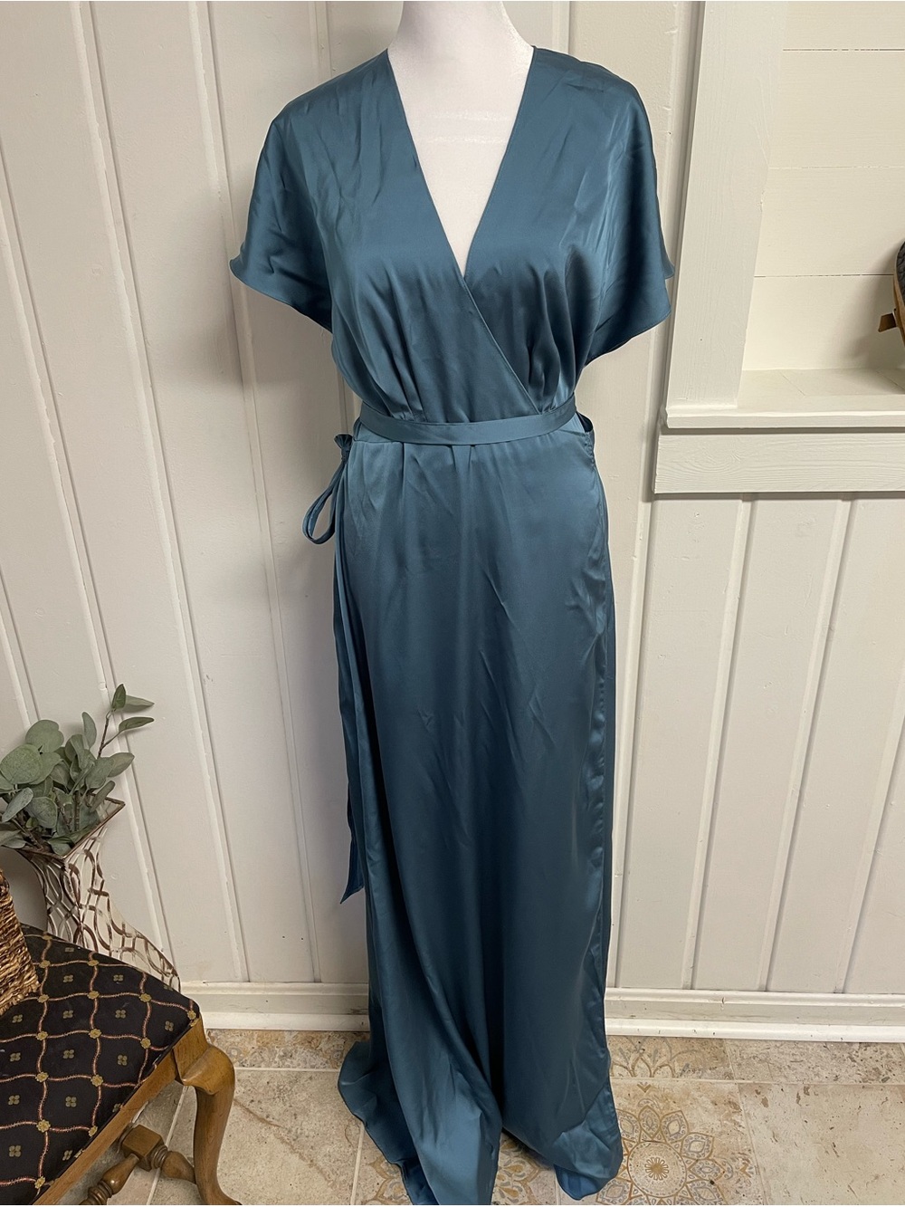 Azazie Blue Wrap Maxi Dress Short Sleeve A-Line Formal